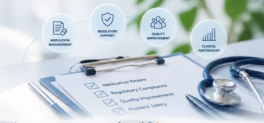Medication management, regulatory support, quality improvement, and clinical partnership for long-term care facilities
